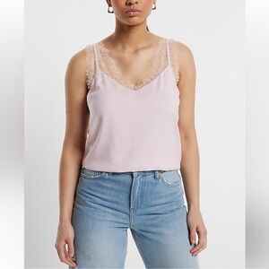 EXPRESS | Matte Satin-like Spaghetti Strap w/Lace Detail V-Neck Downtown Cami